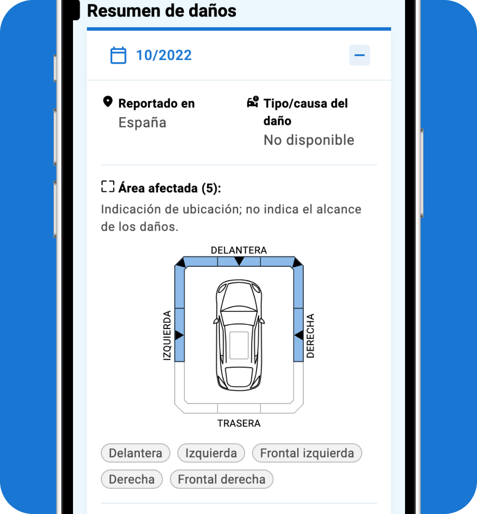 Sección de daños del Informe CARFAX que muestra las zonas y los componentes afectados del vehículo
