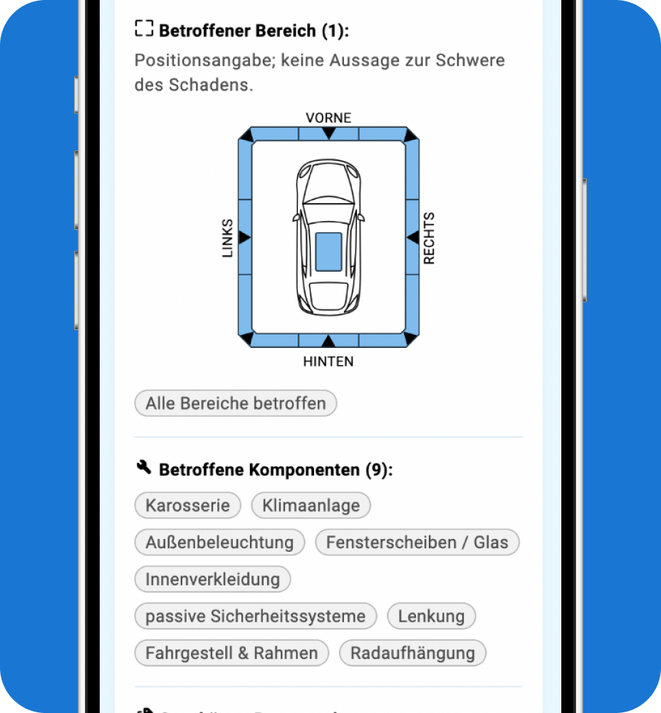 Schadenbereich im CARFAX Report mit betroffenen Fahrzeugbereichen und Komponenten