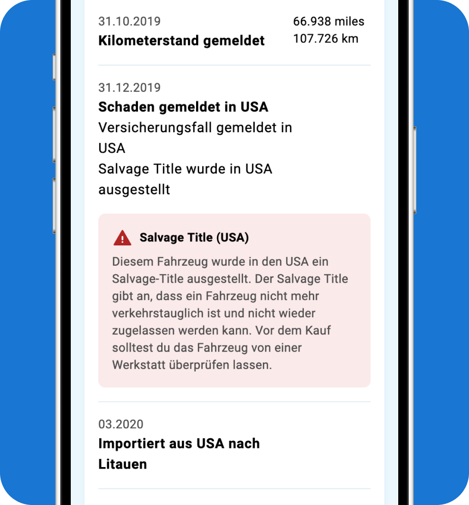 Ausschnitt aus dem CARFAX Report mit Importinformationen zu einem aus den USA nach Litauen importierten Fahrzeug