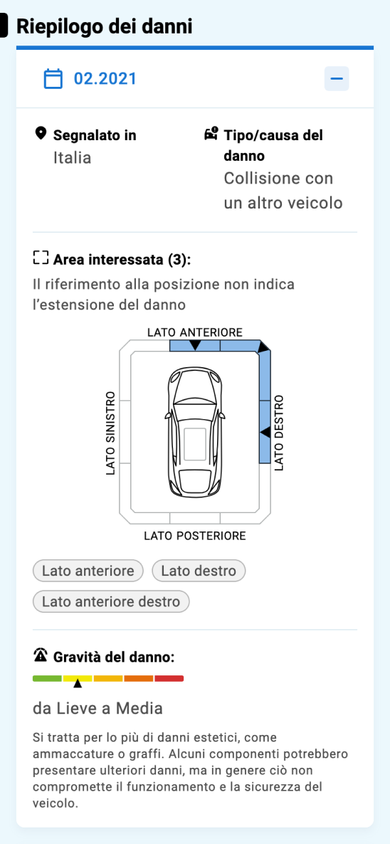 Riepilogo dei danni di un veicolo con data, area interessata e gravità del danno. Riepilogo dei danni di un veicolo con data, area interessata e gravità del danno.