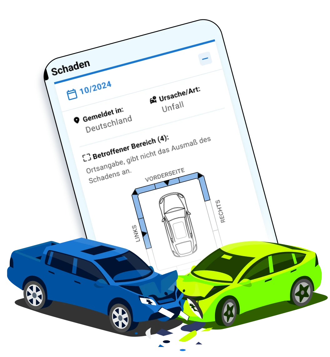 Zwei Autos bei einem Frontalzusammenstoß mit einem Schadenseintrag im CARFAX Report im Hintergrund. Zwei Autos bei einem Frontalzusammenstoß mit einem Schadenseintrag im CARFAX Report im Hintergrund.