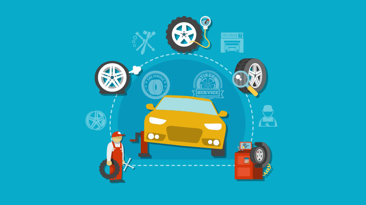 Ilustracja żółtego auta na podnośniku, otoczonego kołami, mechanikiem i ikonami serwisowymi, symbolizująca wymianę i obsługę opon. Ilustracja żółtego auta na podnośniku, otoczonego kołami, mechanikiem i ikonami serwisowymi, symbolizująca wymianę i obsługę opon.