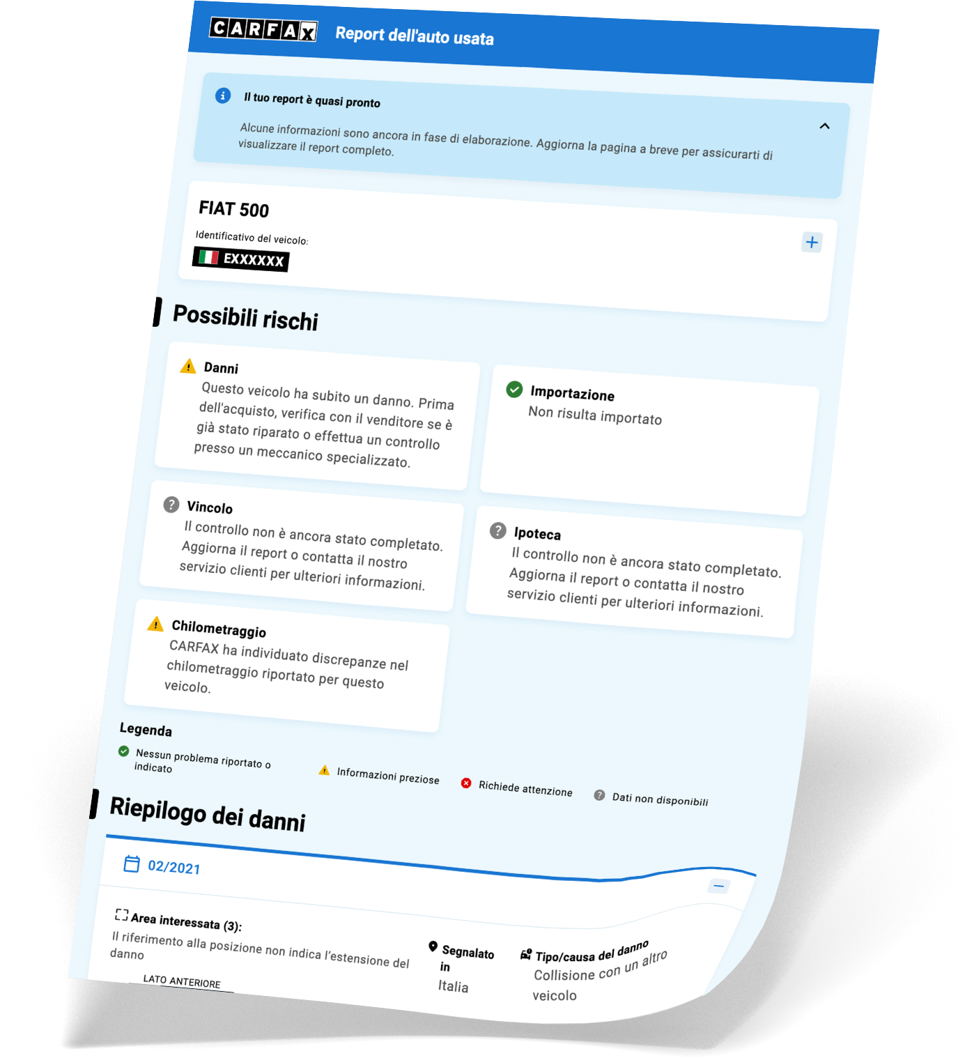 Esempio di report CARFAX con ombra Esempio di report CARFAX con ombra