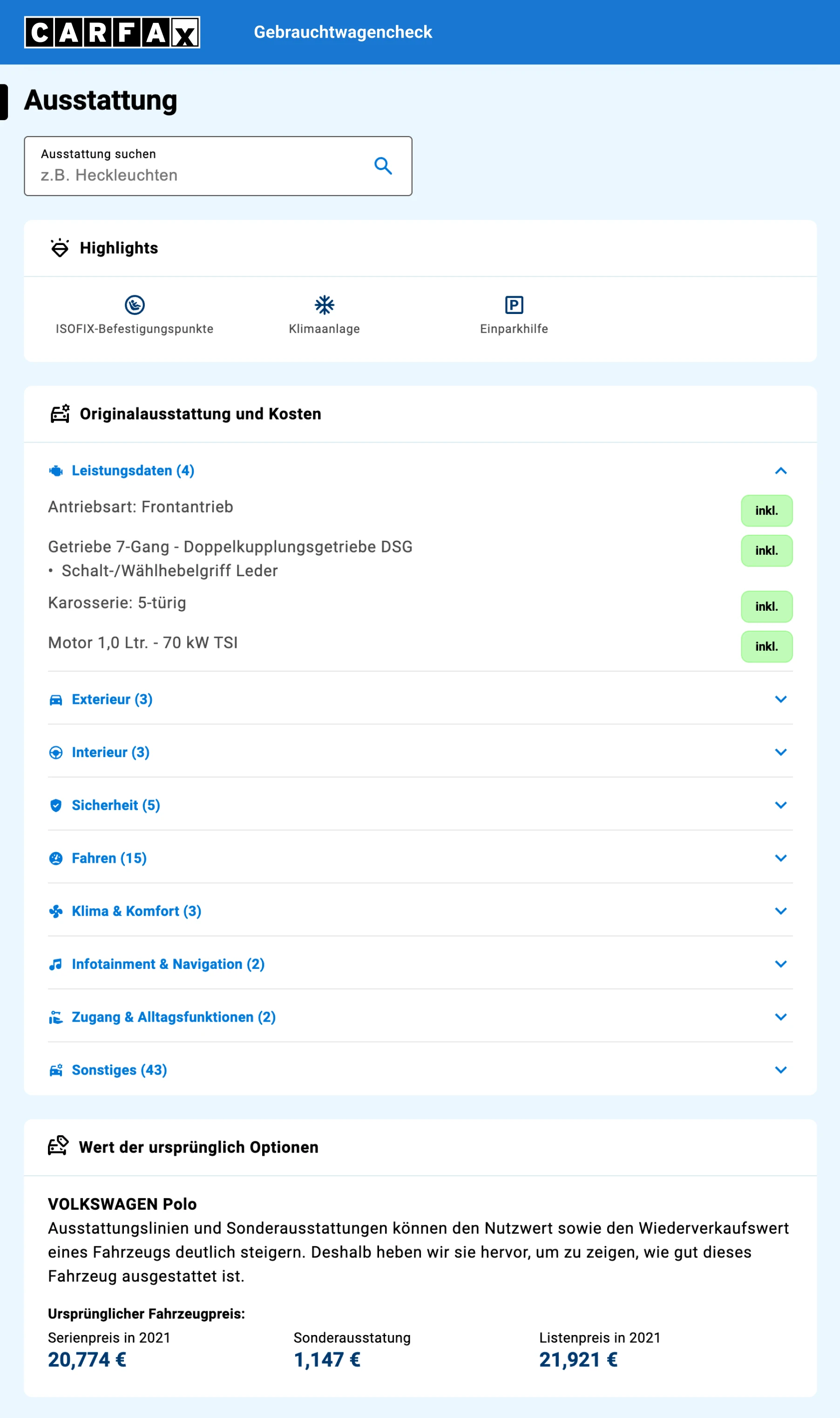 Screenshot des Ausstattungsbereichs im CARFAX Report mit Suchfeld und Fahrzeug-Highlights wie ISOFIX-Befestigungspunkten, Klimaanlage und Einparkhilfe. Screenshot des Ausstattungsbereichs im CARFAX Report mit Suchfeld und Fahrzeug-Highlights wie ISOFIX-Befestigungspunkten, Klimaanlage und Einparkhilfe.