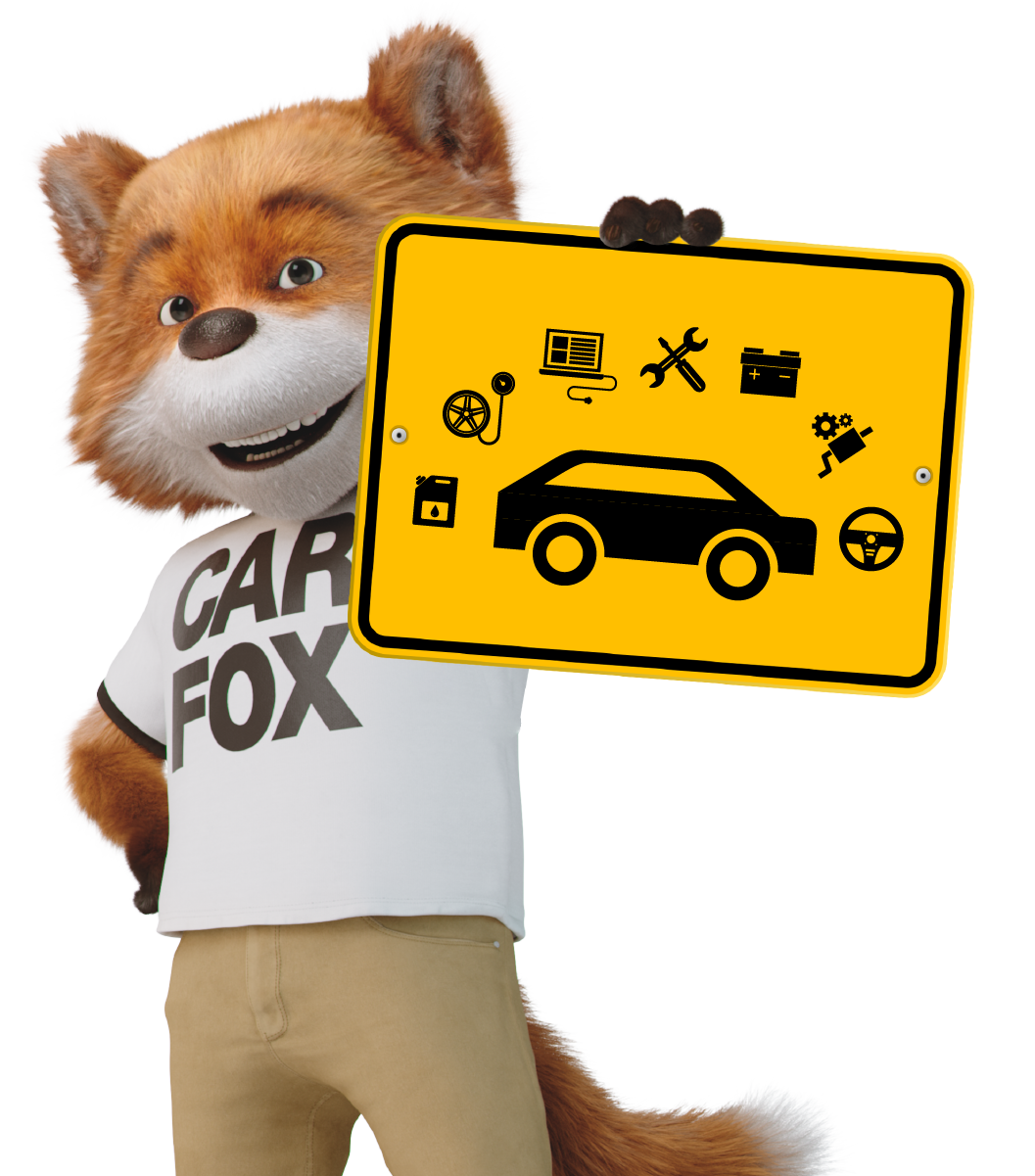 CARFOX con un cartello con icone di auto e strumenti. CARFOX con un cartello con icone di auto e strumenti.