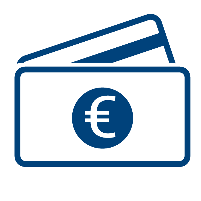 Icon representing various payment methods, with a Euro symbol on a banknote and a credit card in the background.
