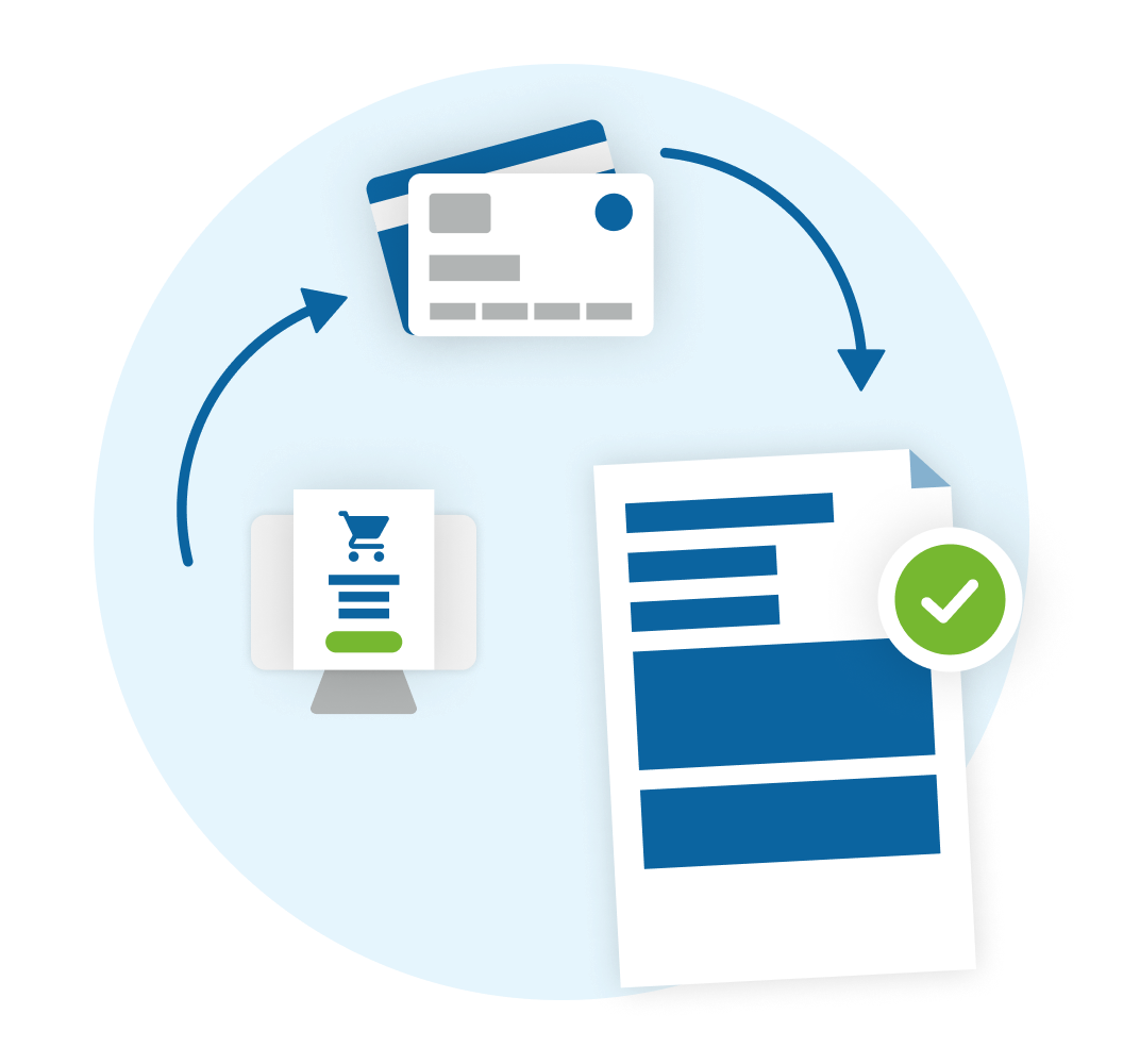 Grafica stilizzata: monitor con modulo d’acquisto, freccia verso carta di pagamento e poi verso ricevuta con spunta. Grafica stilizzata: monitor con modulo d’acquisto, freccia verso carta di pagamento e poi verso ricevuta con spunta.
