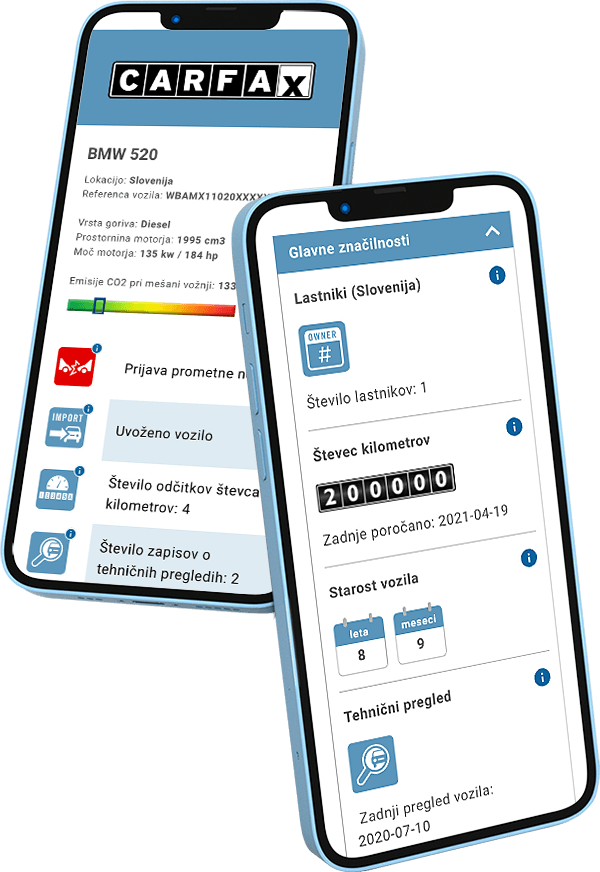 Dva mobilna telefona prikazujeta vzorčno poročilo CARFAX. Dva mobilna telefona prikazujeta vzorčno poročilo CARFAX.