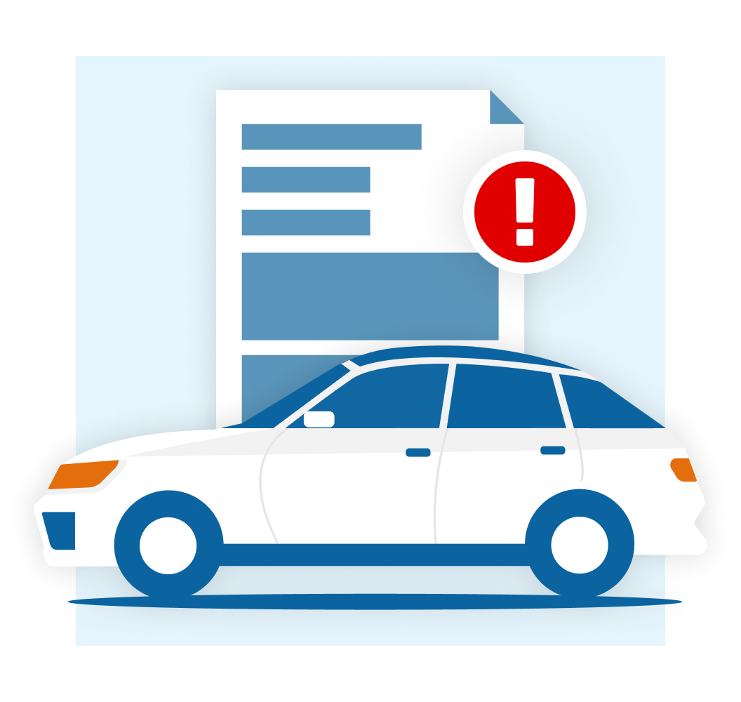 Auto bianca davanti a un documento con icona rossa di avviso, simbolo di problema sul veicolo. Auto bianca davanti a un documento con icona rossa di avviso, simbolo di problema sul veicolo.