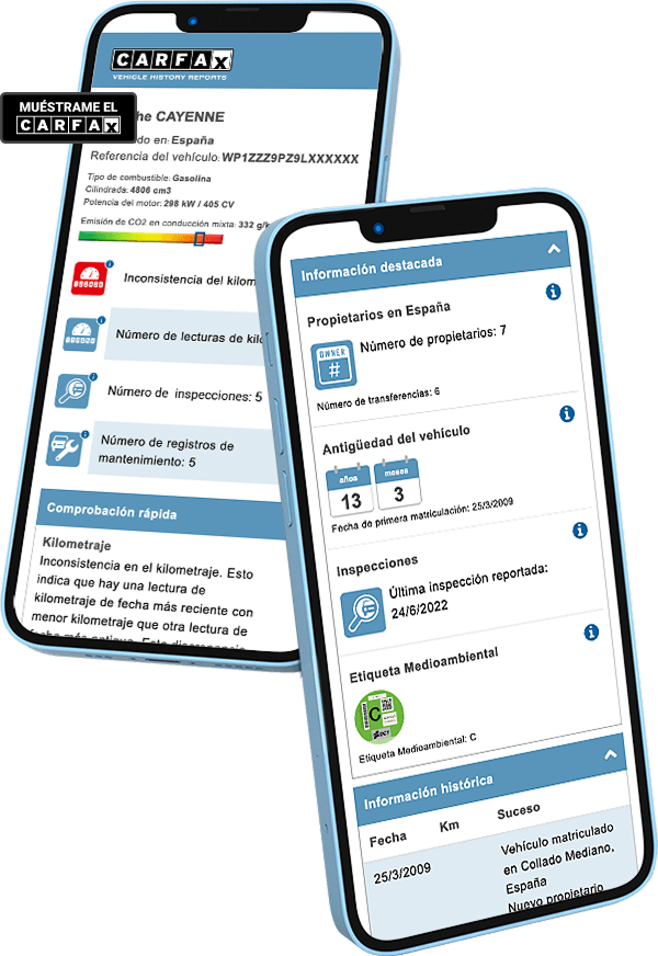 Dos teléfonos móviles que muestran un informe CARFAX de muestra. Dos teléfonos móviles que muestran un informe CARFAX de muestra.