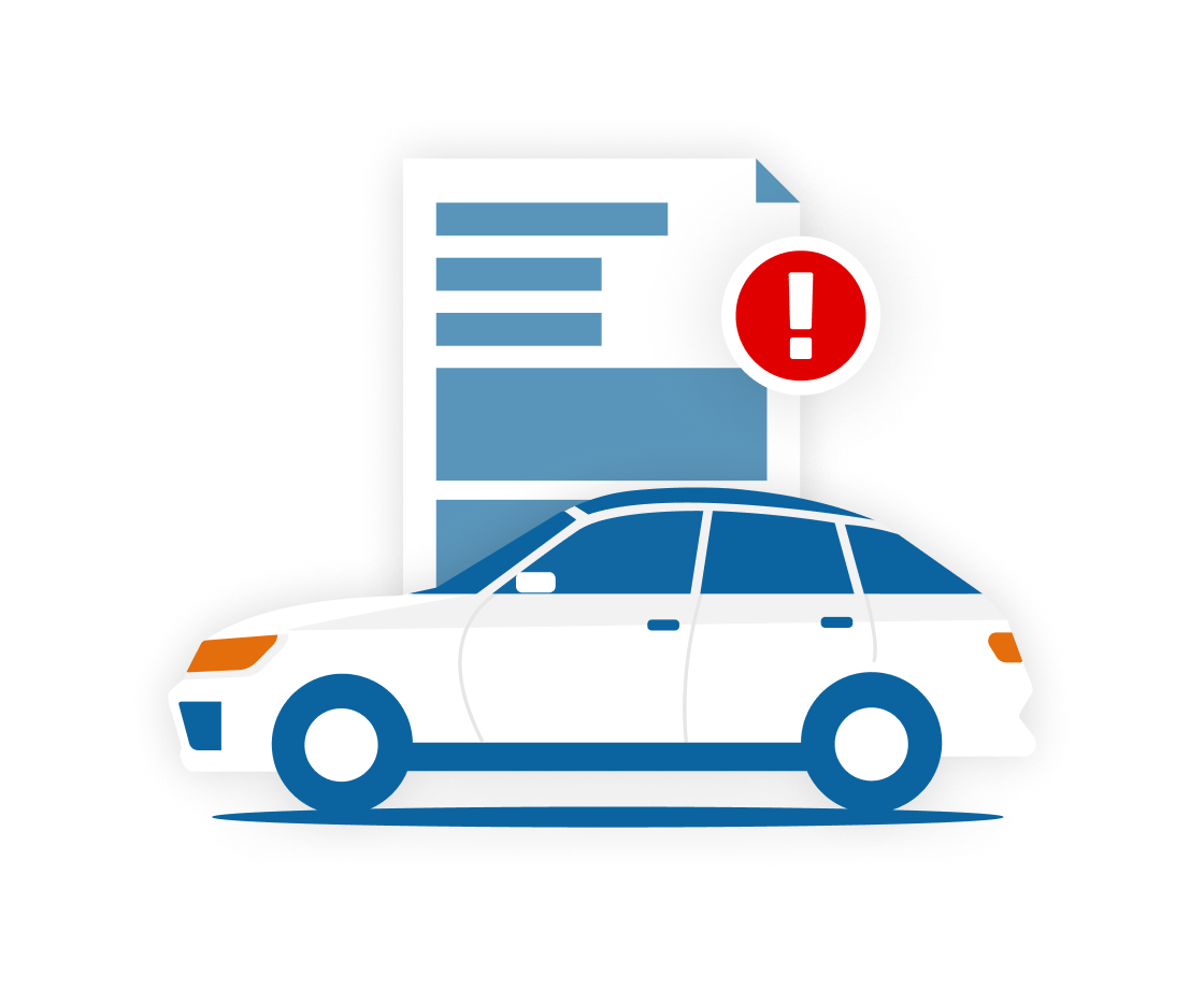 Auto vor einem Bericht mit rotem Warnsymbol in Form eines Ausrufezeichens. Auto vor einem Bericht mit rotem Warnsymbol in Form eines Ausrufezeichens.