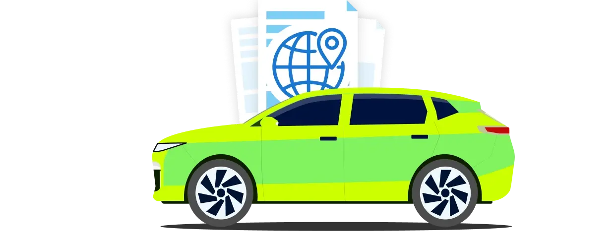 Illustration eines grünen Autos vor Fahrzeugdokumenten mit Globus und Standortmarkierung.