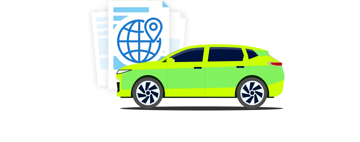 Auto verde lime davanti a documenti con un globo e un segnaposto.