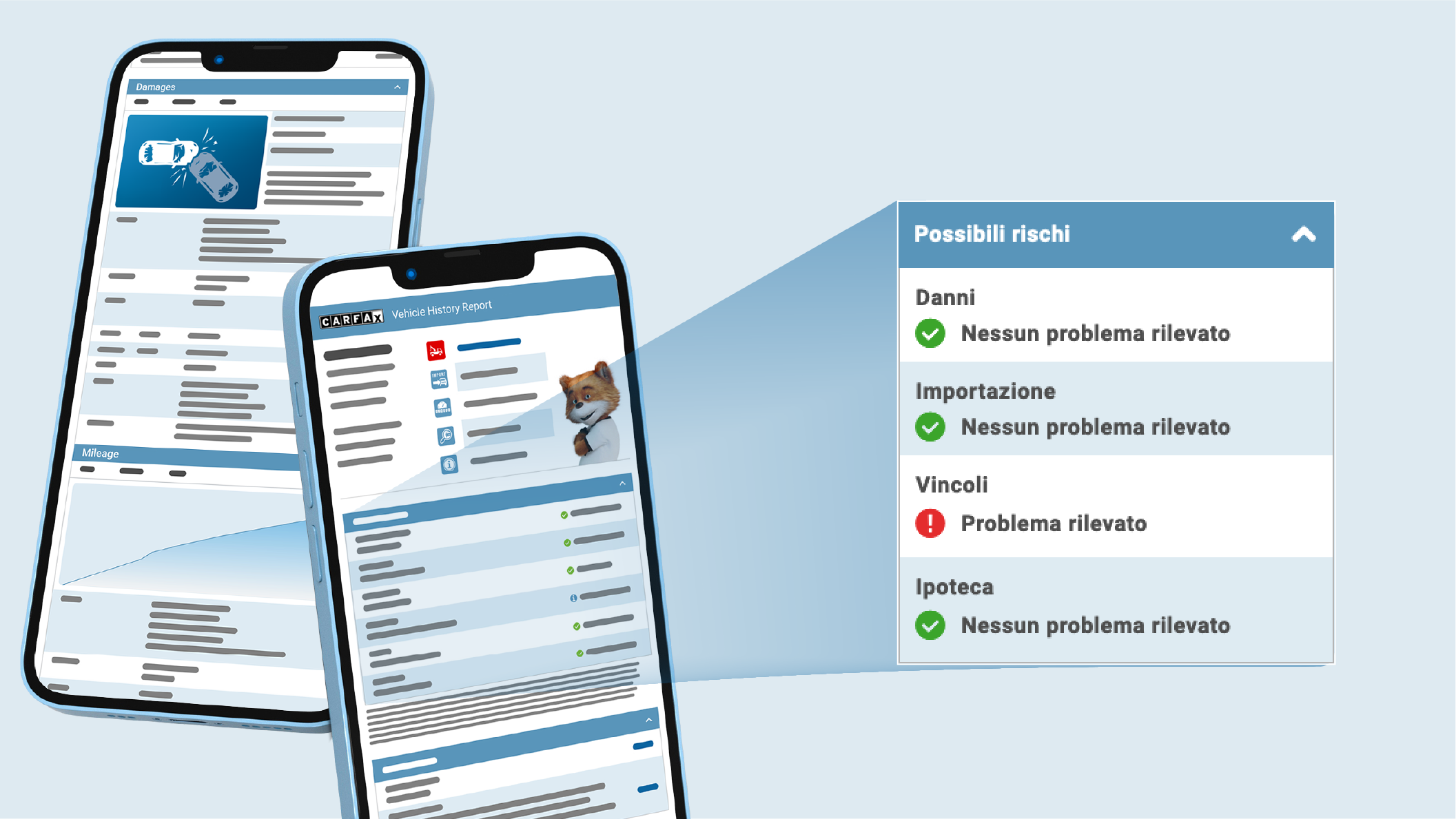 Due smartphone con un report CARFAX, sezione evidenziata mostra i possibili rischi: un problema rilevato sotto "Vincoli." Due smartphone con un report CARFAX, sezione evidenziata mostra i possibili rischi: un problema rilevato sotto "Vincoli."