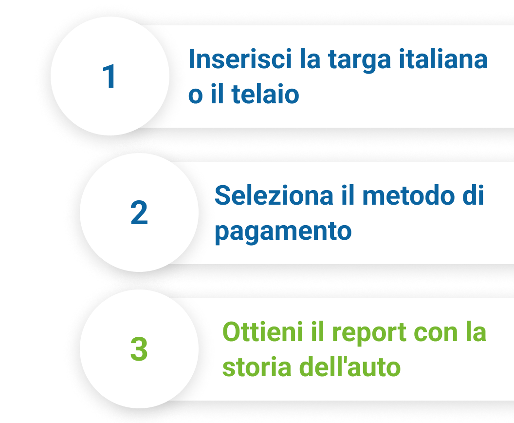 Elenco passaggi: 1 Inserisci la targa italiana o il telaio; 2 Seleziona il metodo di pagamento; 3 Ottieni il report sulla storia dell’auto. Elenco passaggi: 1 Inserisci la targa italiana o il telaio; 2 Seleziona il metodo di pagamento; 3 Ottieni il report sulla storia dell’auto.