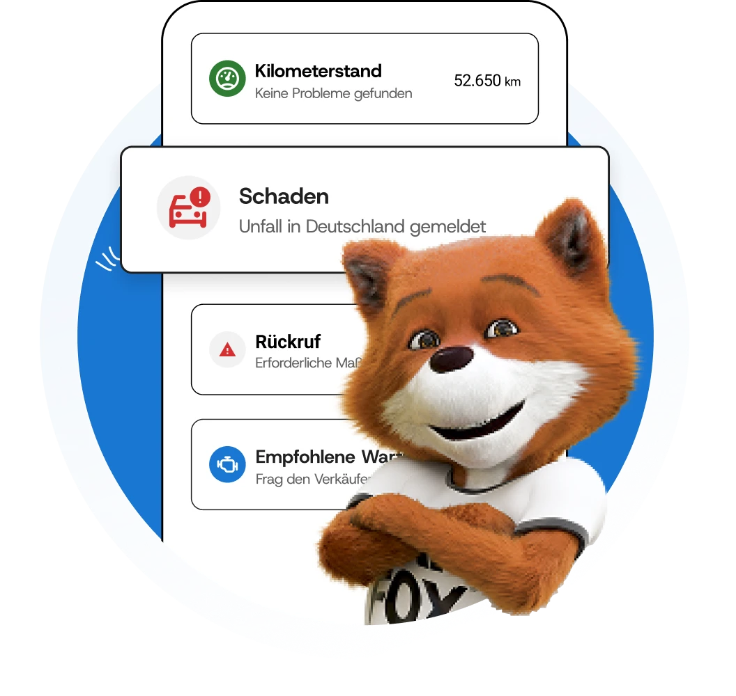 CAR FOX vor einem CARFAX Report mit Angaben zur Fahrzeughistorie wie Kilometerstand, Schäden, Rückrufen und empfohlener Wartung. CAR FOX vor einem CARFAX Report mit Angaben zur Fahrzeughistorie wie Kilometerstand, Schäden, Rückrufen und empfohlener Wartung.
