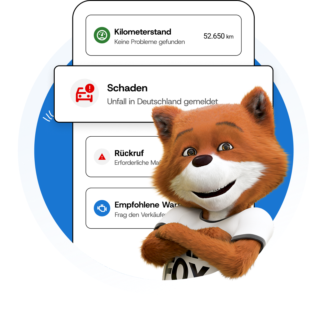CAR FOX vor einem CARFAX Report mit Angaben zur Fahrzeughistorie wie Kilometerstand, Schäden, Rückrufen und empfohlener Wartung. CAR FOX vor einem CARFAX Report mit Angaben zur Fahrzeughistorie wie Kilometerstand, Schäden, Rückrufen und empfohlener Wartung.
