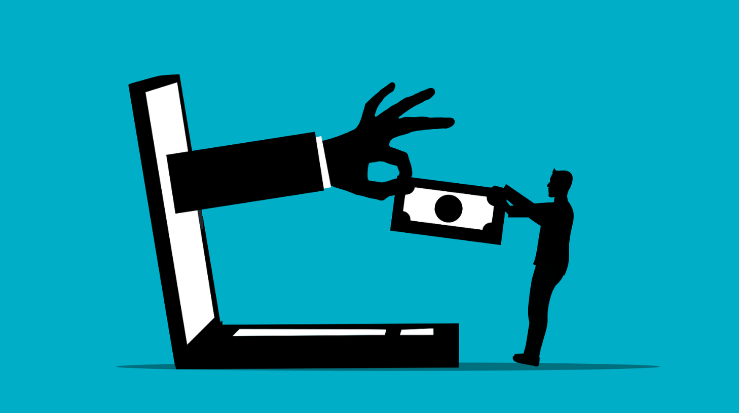 Stylized illustration: hand from a laptop passes cash to a tiny buyer, symbolizing a vehicle history scam.