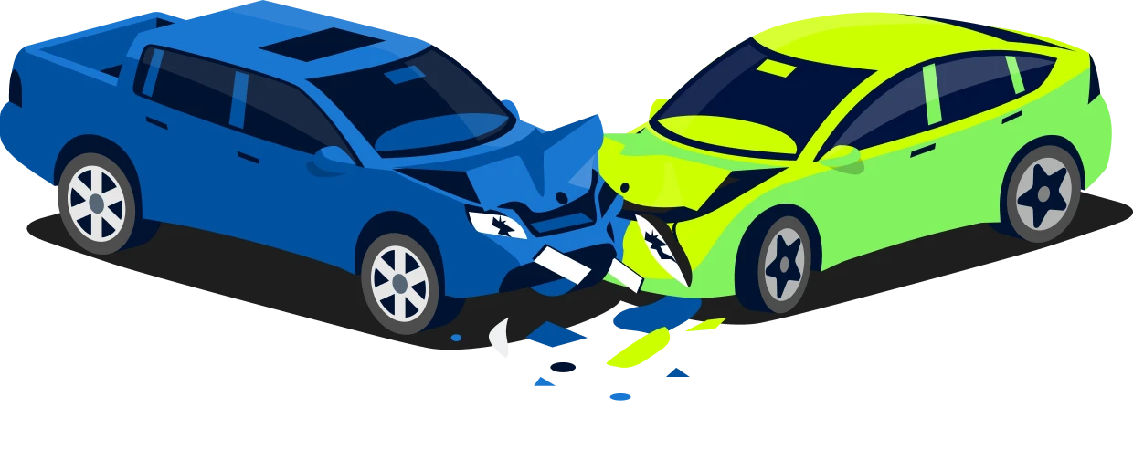 Illustration eines blauen und eines grünen Autos bei einem Frontalzusammenstoß.