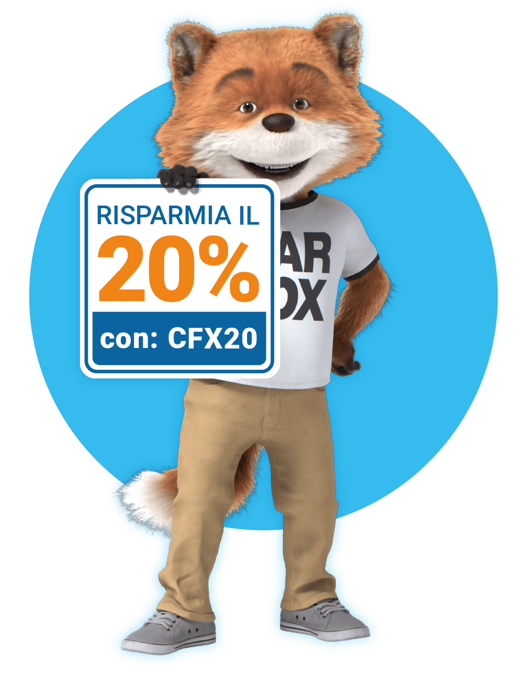 CARFOX con un cartello con il codice sconto CFX20 per il 20% di sconto. CARFOX con un cartello con il codice sconto CFX20 per il 20% di sconto.