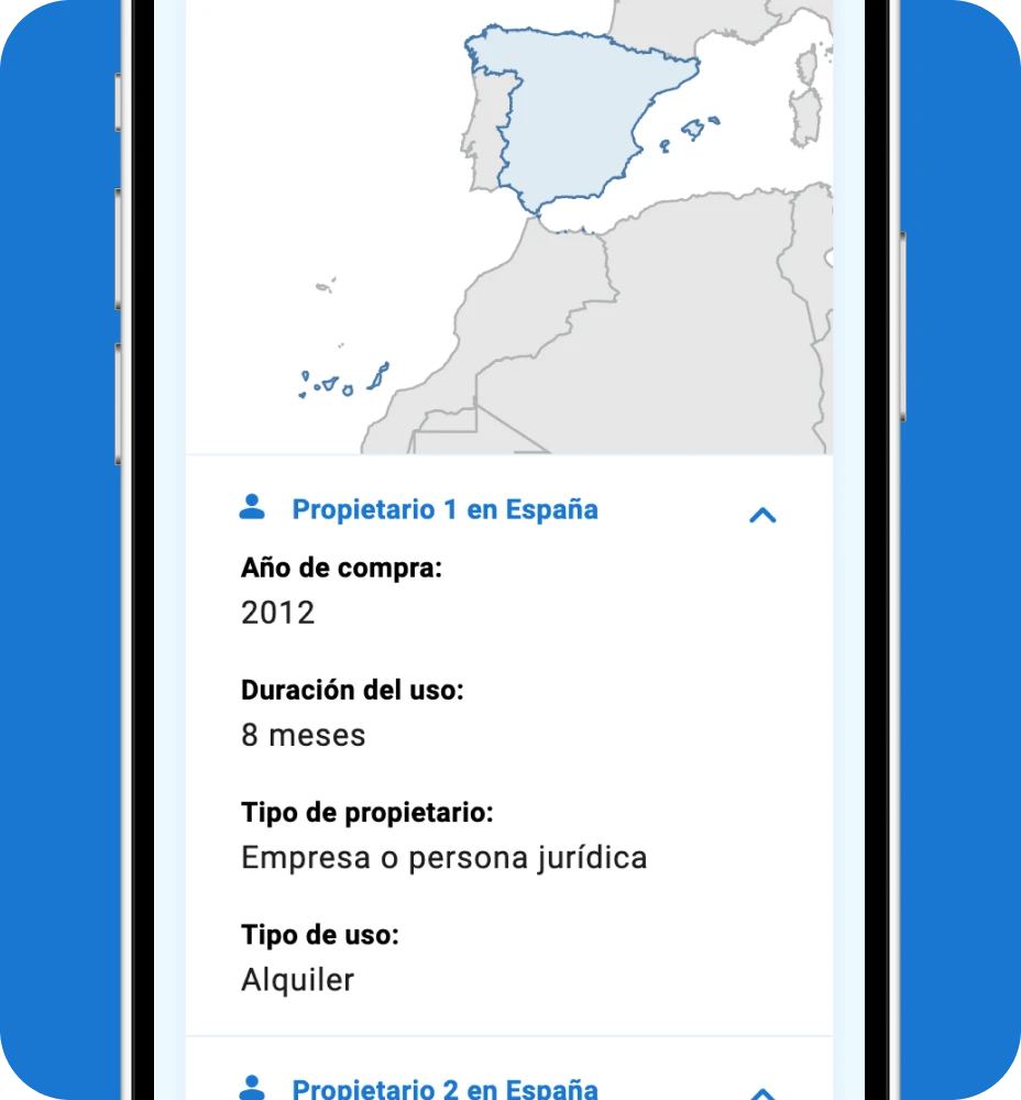 Mapa de España sobre los datos del propietario: comprado en 2012, usado 8 meses por una empresa para alquiler.