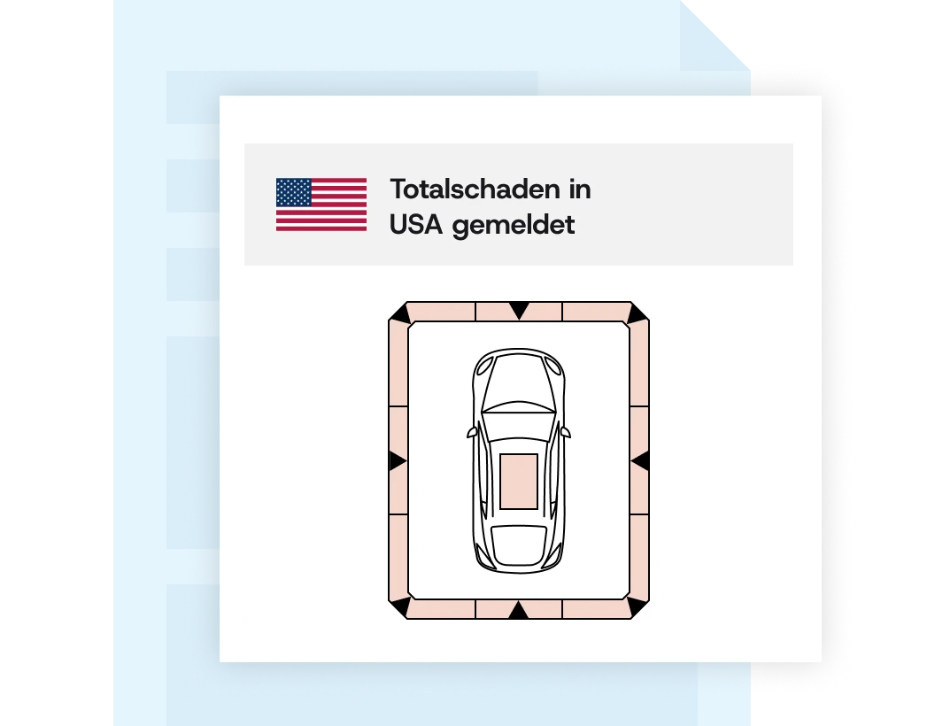 Illustration eines Report-Eintrags mit US-Flagge, dem Hinweis "Totalschaden in USA gemeldet" und einer Fahrzeug-Schadengrafik. Illustration eines Report-Eintrags mit US-Flagge, dem Hinweis "Totalschaden in USA gemeldet" und einer Fahrzeug-Schadengrafik.