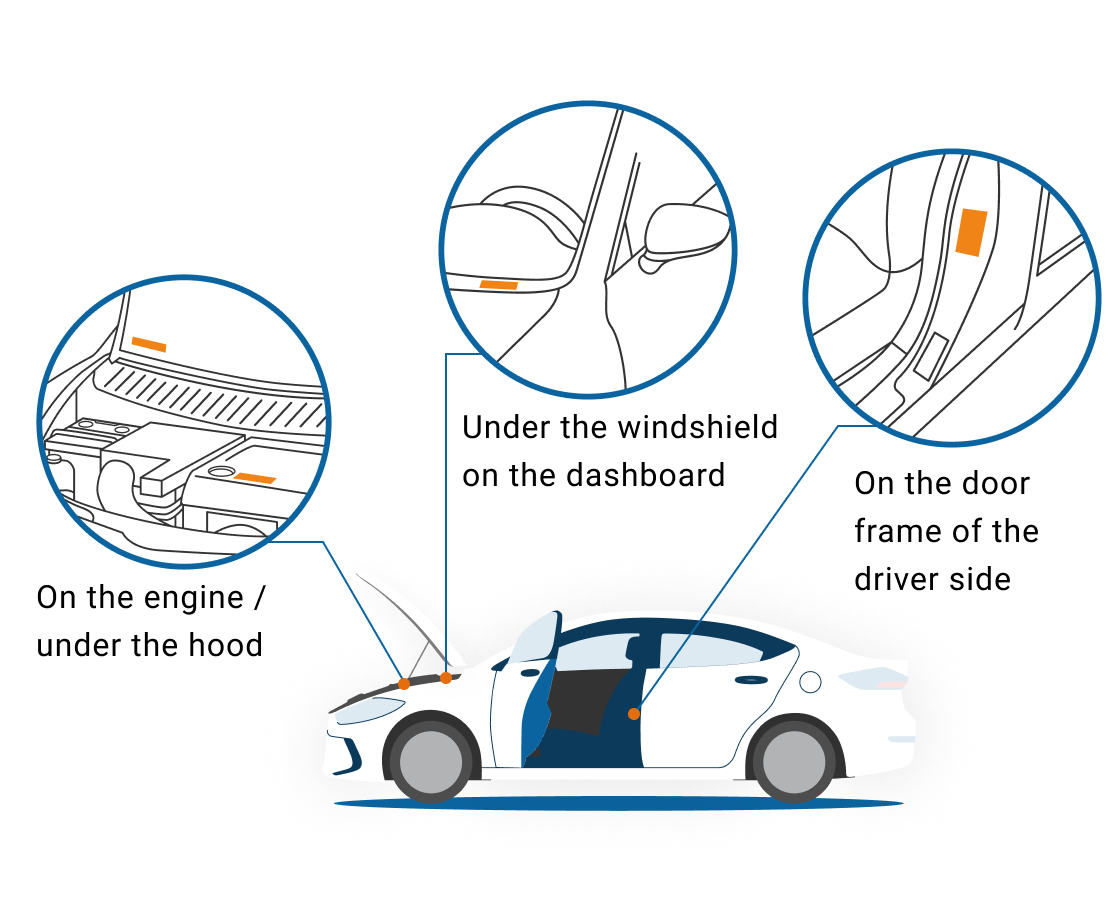Diagram showing car VIN locations: engine bay, dashboard at windshield, driver-side door frame. Diagram showing car VIN locations: engine bay, dashboard at windshield, driver-side door frame.