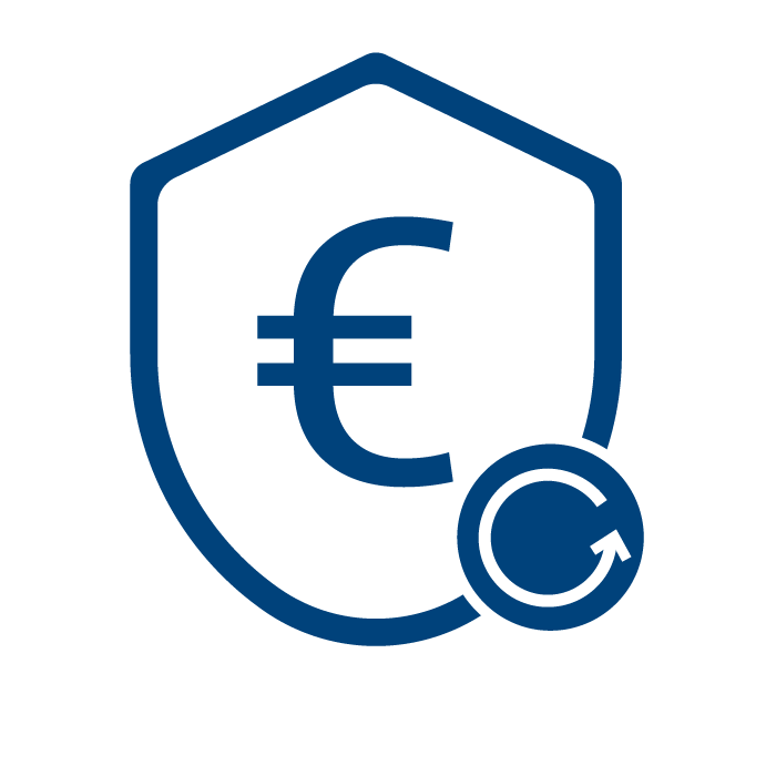 Euro symbol inside a shield with a circular arrow, representing a money-back guarantee.