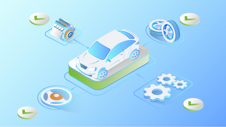 Coche ilustrado con iconos conectados de motor, ruedas, engranajes y volante. Coche ilustrado con iconos conectados de motor, ruedas, engranajes y volante.