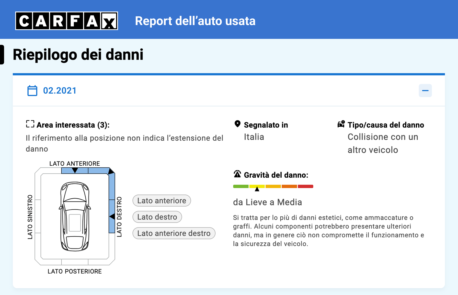 Riepilogo dei danni di un veicolo con aree interessate, tipo di collisione e gravità del danno. Riepilogo dei danni di un veicolo con aree interessate, tipo di collisione e gravità del danno.