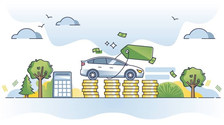 Illustrazione che simboleggia il mantenimento del valore dell’auto, con una macchina su pile di monete e un cartellino del prezzo.