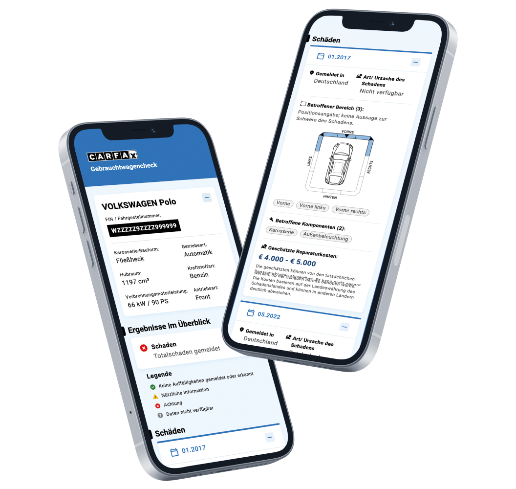 Zwei Smartphones mit einem CARFAX Report, der Fahrzeugdetails und den Schadenbereich für einen Volkswagen Polo zeigt. Zwei Smartphones mit einem CARFAX Report, der Fahrzeugdetails und den Schadenbereich für einen Volkswagen Polo zeigt.