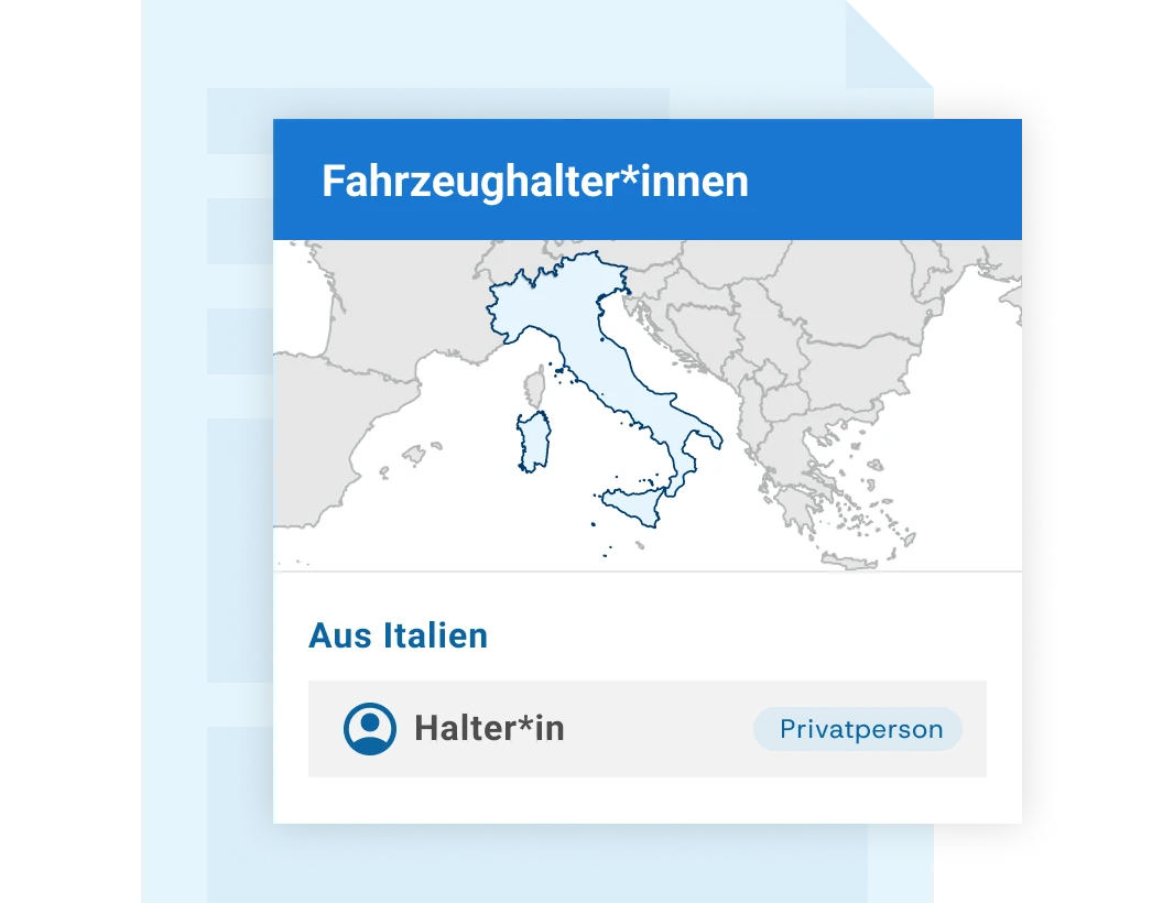Illustration eines Fahrzeughalter-Eintrags mit Italien auf einer Karte und einer privaten Halterperson. Illustration eines Fahrzeughalter-Eintrags mit Italien auf einer Karte und einer privaten Halterperson.
