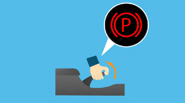 Ręka zaciąga dźwignię hamulca ręcznego; świeci się czerwony symbol „P” hamulca postojowego. Ręka zaciąga dźwignię hamulca ręcznego; świeci się czerwony symbol „P” hamulca postojowego.