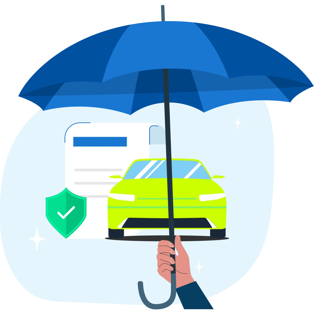 Mano che tiene un ombrello sopra un’auto verde, un report e uno scudo con segno di spunta. Mano che tiene un ombrello sopra un’auto verde, un report e uno scudo con segno di spunta.