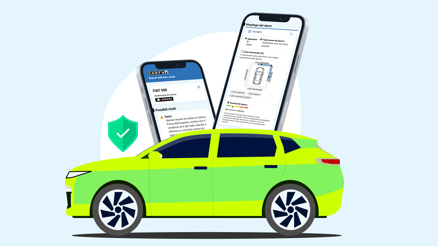 Auto verde con scudo e segno di spunta davanti a due smartphone che mostrano un report dell’auto usata con un avviso e un riepilogo dei danni. Auto verde con scudo e segno di spunta davanti a due smartphone che mostrano un report dell’auto usata con un avviso e un riepilogo dei danni.
