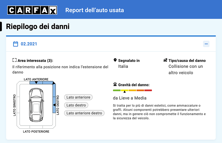 Riepilogo dei danni di febbraio 2021 in Italia: collisione con un altro veicolo, lato anteriore e destro, gravità da lieve a media. Riepilogo dei danni di febbraio 2021 in Italia: collisione con un altro veicolo, lato anteriore e destro, gravità da lieve a media.
