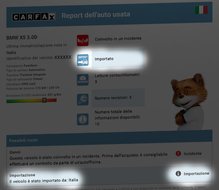 Sintesi dal rapporto CARFAX: veicolo indicato come importato, rischio importazione evidenziato. Sintesi dal rapporto CARFAX: veicolo indicato come importato, rischio importazione evidenziato.