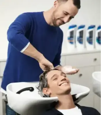 Fryzjer myje włosy klientowi w myjce.