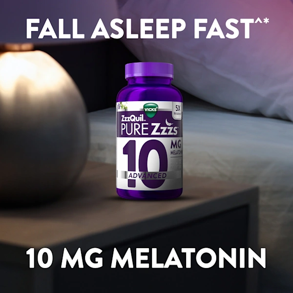 Purple bottle of ZzzQuil Pure Zzzs Advanced sleep aid featuring 10 mg melatonin, displayed on a bedside table and text "Fall asleep fast".