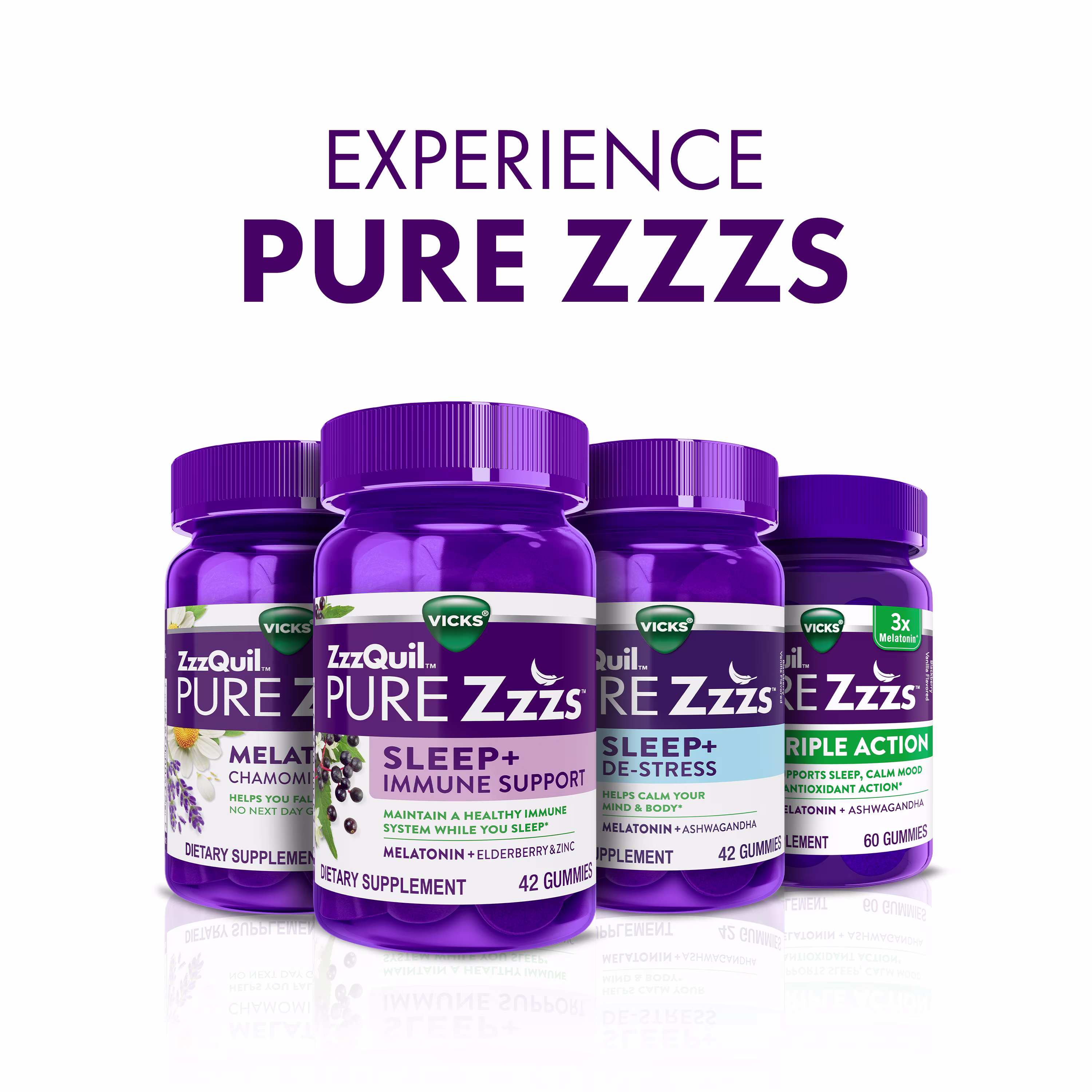 Four purple bottles of ZzzQuil Pure Zzzs supplements including Melatonin + Chamomile, Sleep + Immune Support, Sleep + De-Stress, and Triple Action, with text "Experience Pure Zzzs".