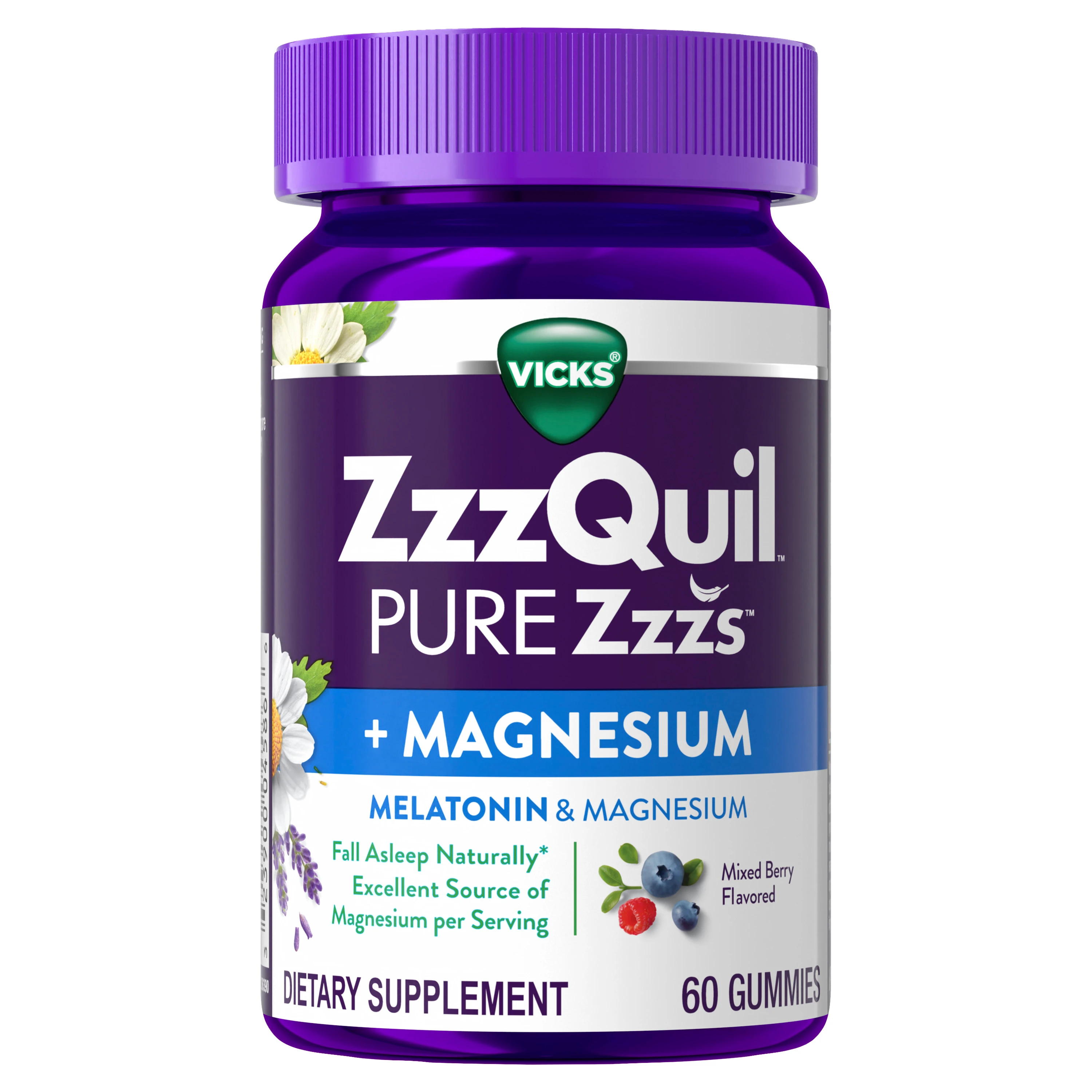 Vicks ZzzQuil Pure Zzzs + Magnesium sleep supplement bottle with purple cap, containing 60 mixed berry flavored gummies.