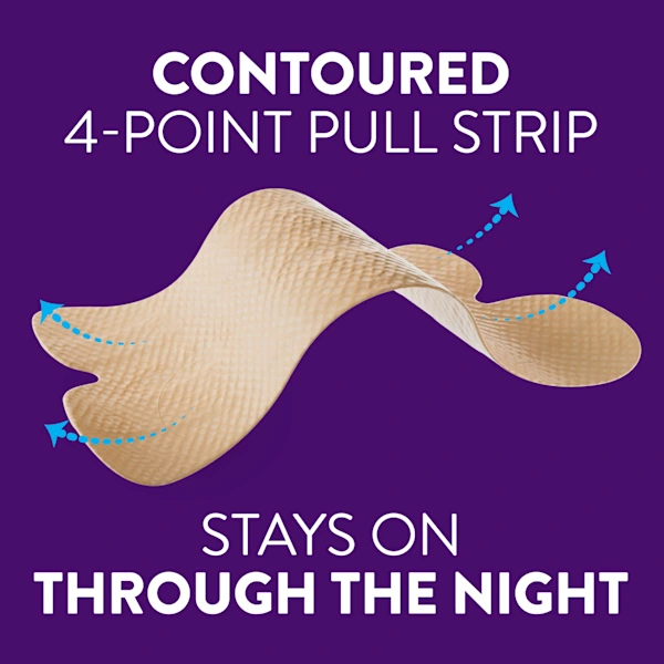 Beige nasal strip featuring four contoured pull points and directional arrows, with the text "Contoured 4-point pull strip" and "Stays on through the night" on a purple background.