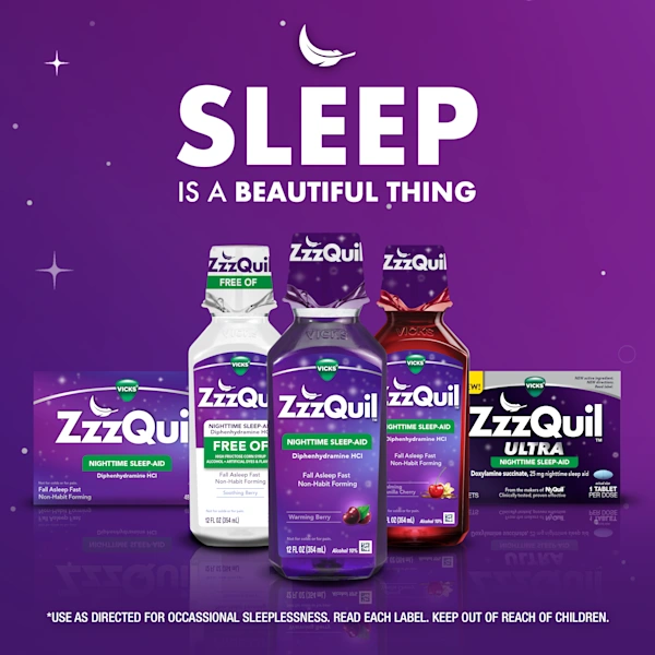 ZzzQuil nighttime sleep aid product range, including ZzzQuil Ultra and liquid sleep aids, arranged on a purple starry background with bold "Sleep is a beautiful thing".
