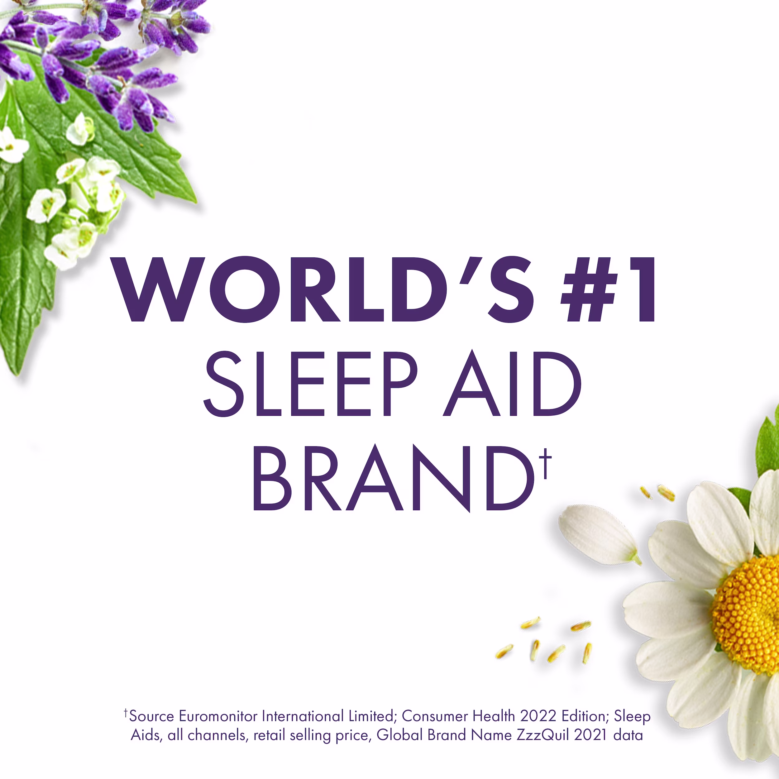 Text "World's #1 sleep aid brand" with lavender and chamomile flowers on white background.