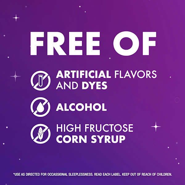 Graphic with icons and text "Free of artificial flavors and dyes, alcohol, and high fructose corn syrup" on a starry purple background.