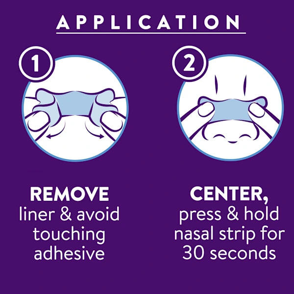 Illustration showing nasal strip application: step 1 remove liner and avoid touching adhesive, step 2 centre strip on nose and press for 30 seconds on a purple background.