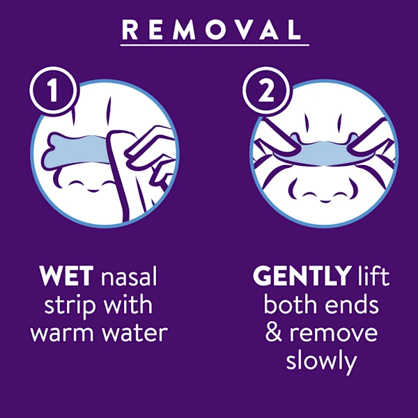 Illustration showing nasal strip removal: step 1 wet nasal strip with warm water, step 2 gently lift both ends and remove slowly on a purple background.