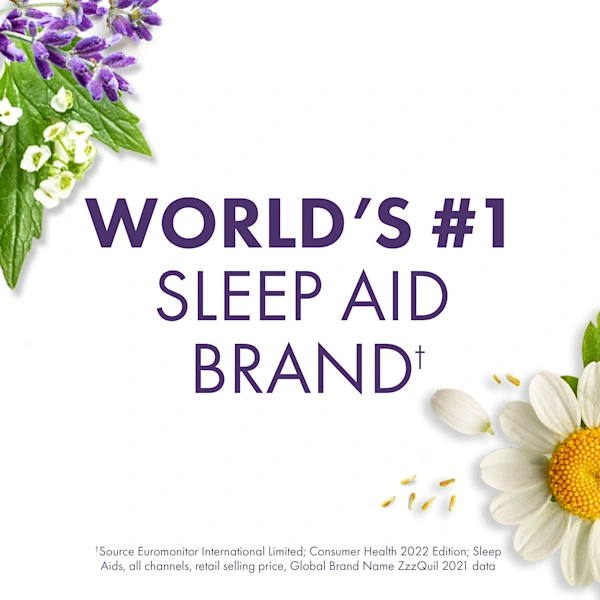 Text stating "World's #1 Sleep Aid Brand" with lavender and chamomile flowers on a white background.