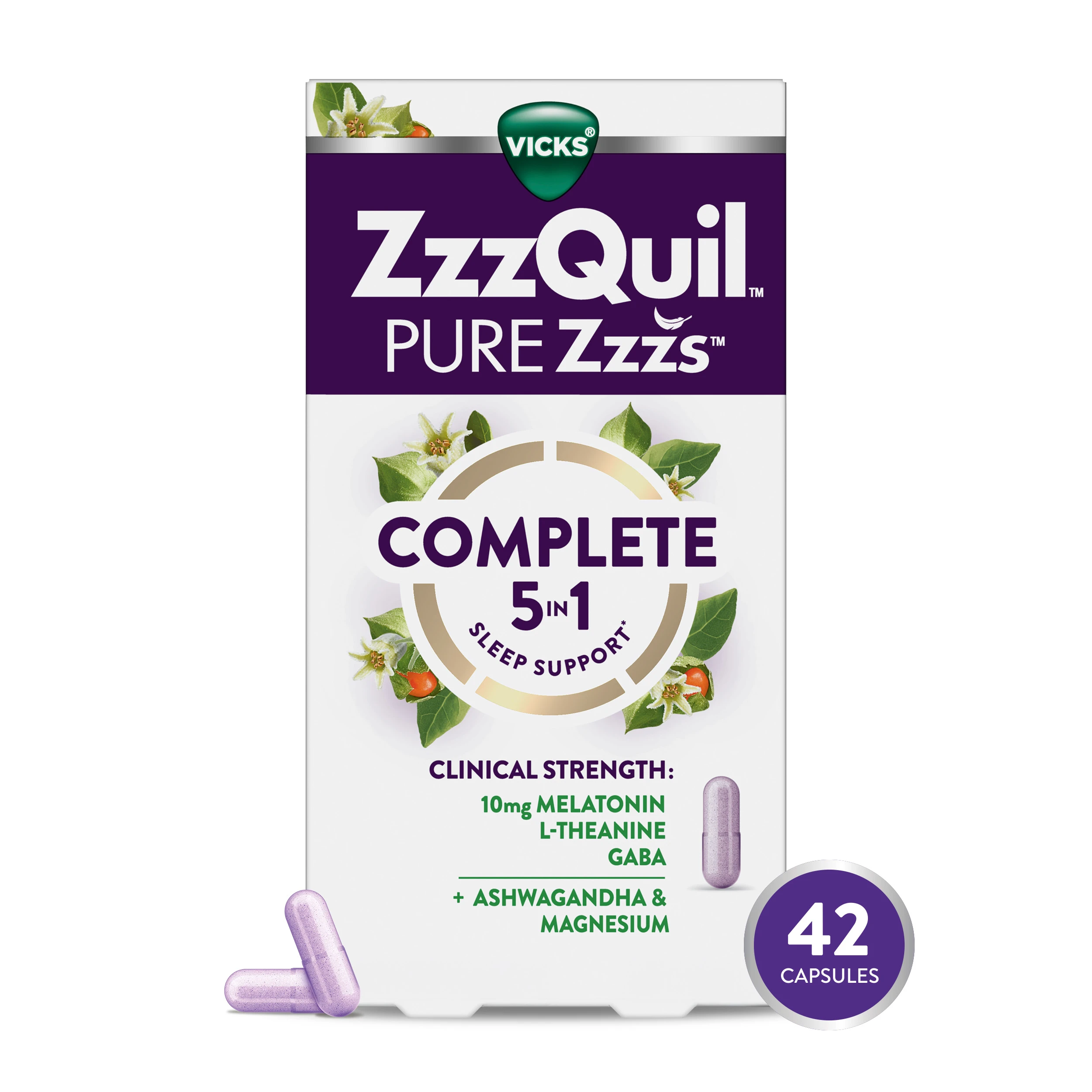 Vicks ZzzQuil Pure Zzzs Complete 5-in-1 sleep supplement with melatonin, 42 capsules in purple packaging.